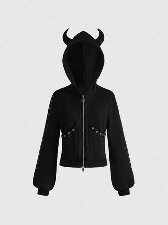 Grunge Punk Felpa con cappuccio aderente con applicazioni metalliche a forma di corna di diavolo, stile carino e scuro