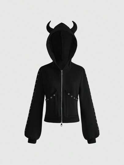 Grunge Punk Sudadera con capucha ajustada con aplicaciones de remaches metálicos en forma de cuernos de diablo, en color oscuro y diseño lindo