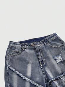 ROMWE Grunge Punk Y2K朋克铆钉装饰复古做旧修身喇叭加大码女式牛仔裤 - 藍色 - 查看 3
