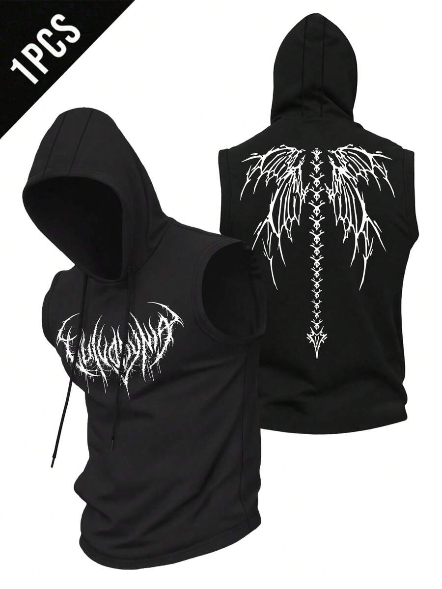 Manfinity Sport Corelite Men's Gothic Print Drawstring Hooded Sports Tank Top Compression Shirt Men - Black - View 1