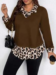 EMERY ROSE 大码女式休闲印花二合一衬衫 - 棕色 - 查看 1