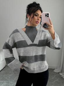Elenzga Women's Autumn/Winter Striped Drop Shoulder Long Sleeve Loose Pullover Sweater - Light Grey - View 5