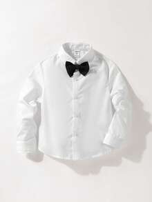 Maija Kids Young Boy Blue Bow Tie White Collar Long Sleeve Casual Shirt - White - View 3