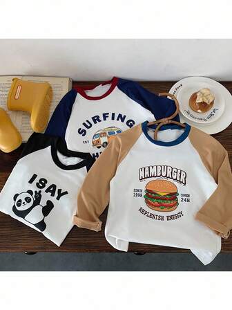 3pcs/Set Toddler Boys' Cartoon Letter Graphic Long Sleeve T-Shirts, Casual Everyday Cute Sports Tops, Autumn/Winter