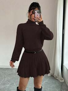 Rafferiza 2pcs Set: Solid Color Loose Pleated Skirt & Turtleneck Sweater - Coffee Brown - View 4
