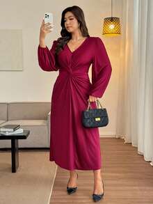 Vionelle Plus Size Satin Shiny Long Dress With Lantern Sleeves, Twist Front Detail, Hidden Zipper, Romantic Party Dress, Autumn/Winter Women Elegant Dress Elegant Midi Dress Long Sleeve Elegant Dress Twist Front Dress Curve Elegant Dress Chinese New Year - Burgundy - View 4