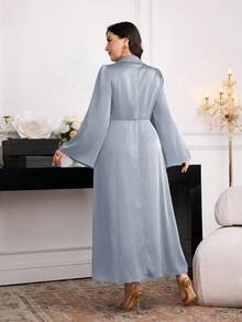 Modelyn Plus Size Elegant Party Solid Color Flare Sleeve Wrap Dress - Grey - View 2