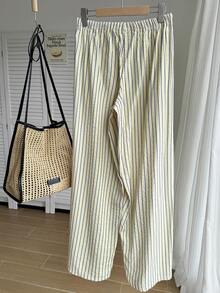 Comfortcana 大码女式直筒长款黄色条纹针织裤，宽松版型，适合日常穿着，秋季款 - 淡黃色 - 查看 2
