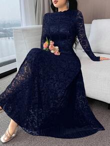 Modelyn 女士花卉蕾丝领长袖褶裥下摆优雅连衣裙 - 藏蓝色 - 查看 3
