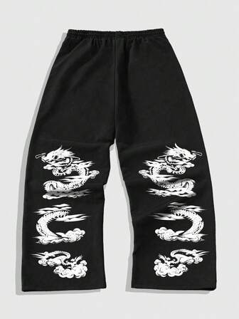 Street Life Pantaloni casual da uomo con vita con coulisse e gamba ampia, con stampa del drago cinese