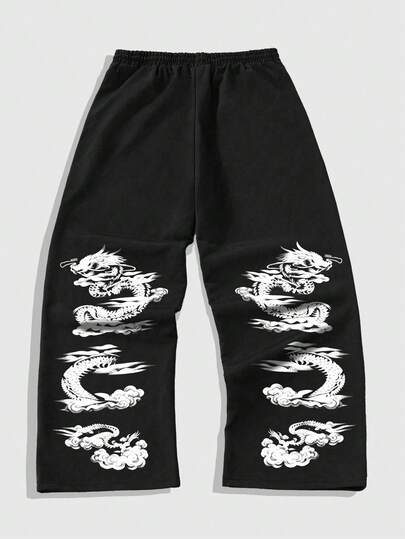 Street Life Herren Jogginghose mit chinesischem Drachen Muster, Kordelzug Taille, weite Beine, Lässig