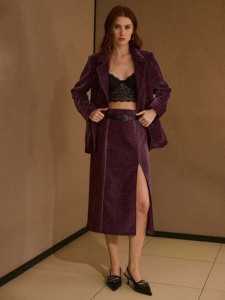 CONTRAST PU LEATHER PIPING SPLIT SIDE SKIRT
