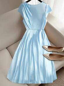 Elenzga 大码女式 A 字形圆领褶皱摆裙 - 淺藍色 - 查看 6