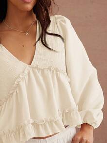 WESTFADE Mixed Media Knit & Woven V Neck Babydoll Long Sleeve Top Fall, Autumn, Winter, Casual, Cute, Boho - White - View 5