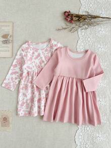 SHEIN 2件套女婴碎花印花弹力腰长袖连衣裙，舒适柔软，适合春、秋、冬三季，6个月-3岁 - 粉色 - 查看 5
