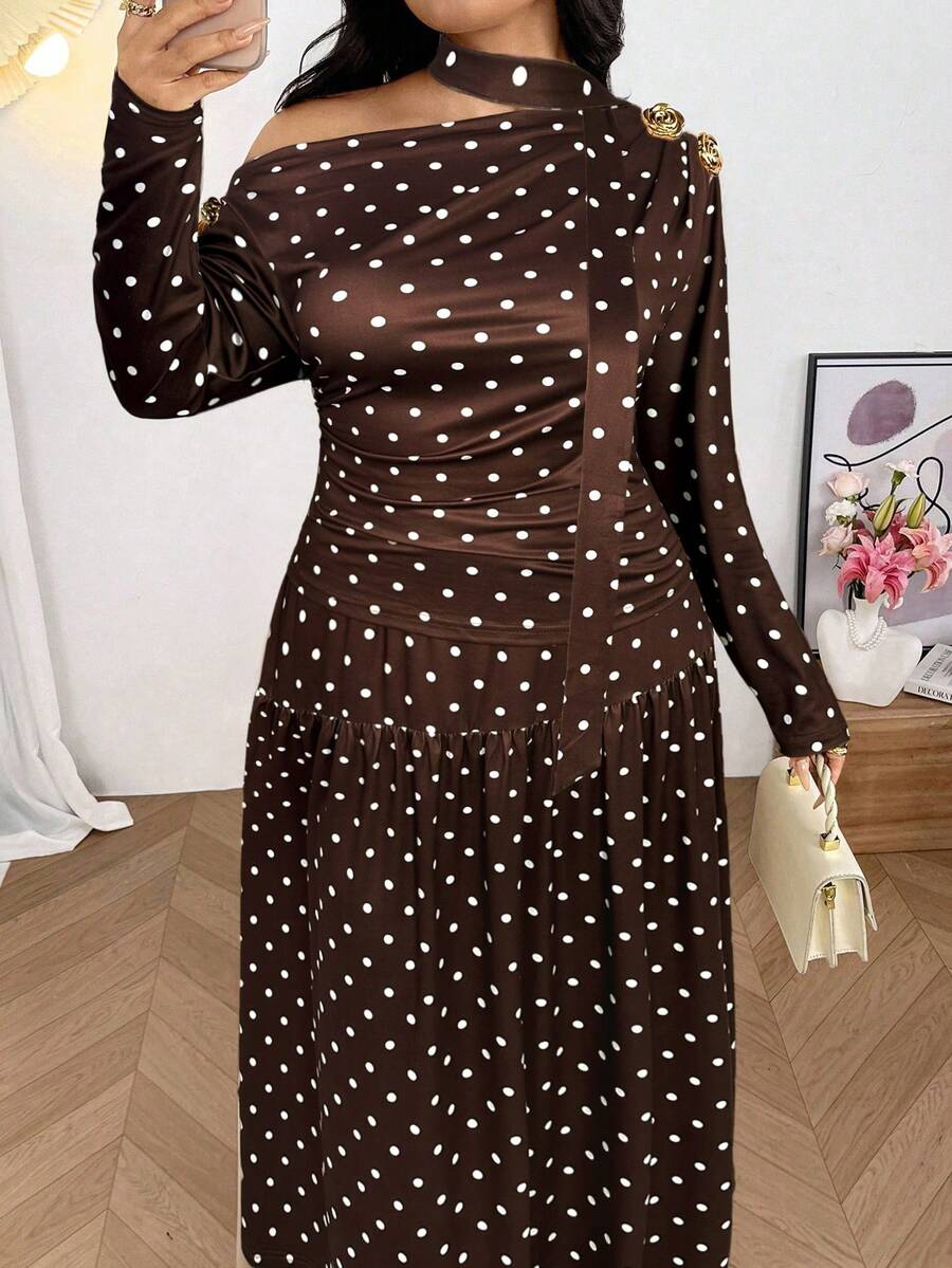 Firerie 2pcs Set: Scarf Collar Long Sleeve Loose Fit Skirt For Spring, Spring Outfits For Women - Coffee Brown - View 1