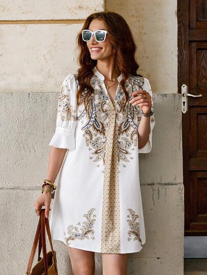 SHEIN Clasi 大码女士休闲宽松V领腰果印花度假连衣裙