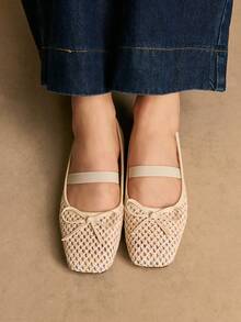 Rosivie 杏仁圆头编织网眼蝴蝶结平底鞋，时尚简约舒适透气搭扣带女式平底鞋，波西米亚西部音乐节派对装扮 - 杏色 - 查看 3