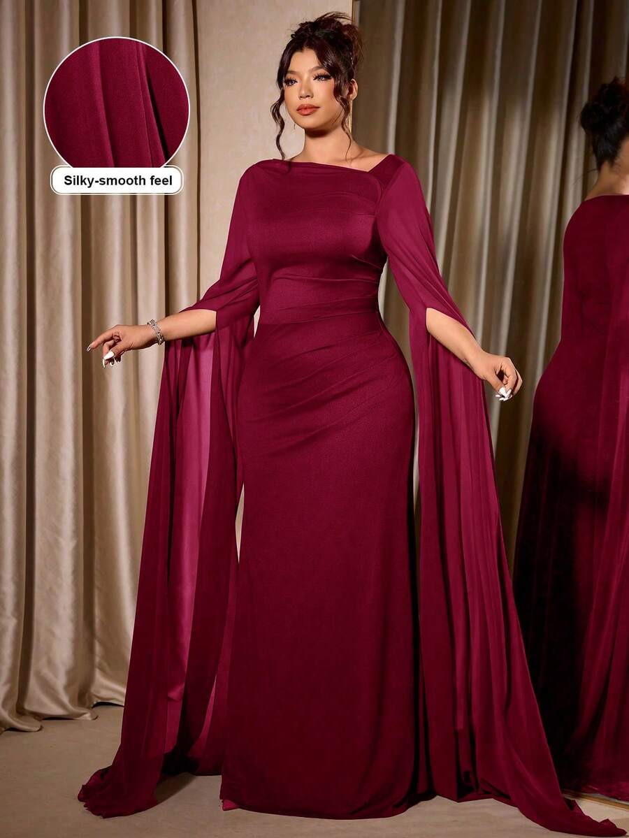 Elenzga Đầm dài tay xẻ tà, vai chéo, ôm sát, thanh lịch dành cho nữ cỡ lớn, thích hợp cho Ngày Valentine. - Màu Đỏ Sâu - Xem 1