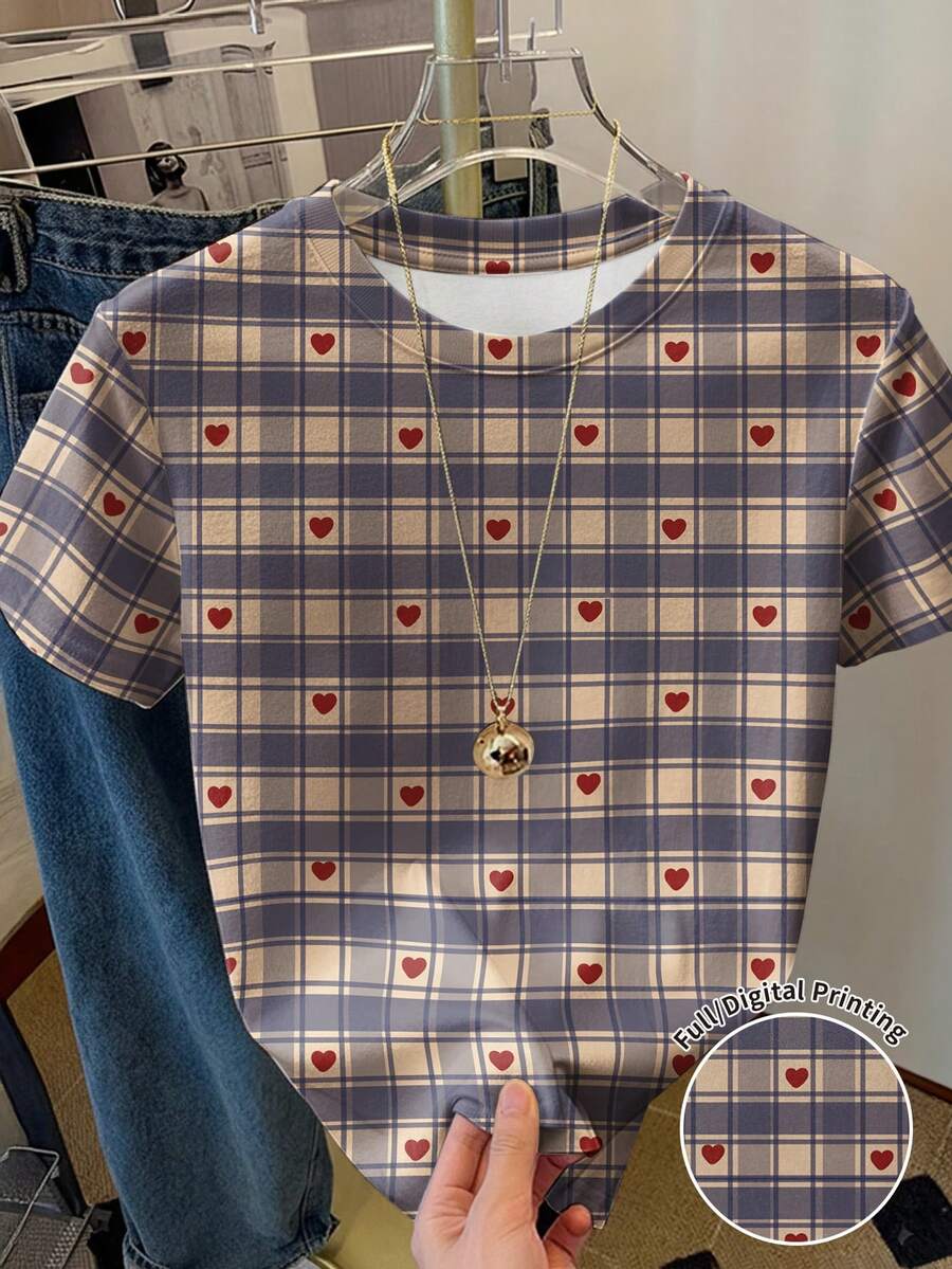 Resyla Women's Full Print T-Shirt, Cute Street Plaid Heart Pattern, Suitable For Back To School, Commuting, Fashionable In Autumn And Summer - Multicolor - View 1