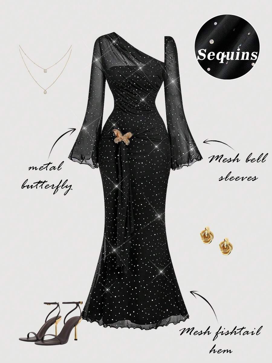 SHEIN MOD Vestido elegante plus size feminino com detalhes em lantejoulas, ombros assimétricos, mangas flare, borboleta metálica e barra em cauda de sereia. - Preto - Ver 1