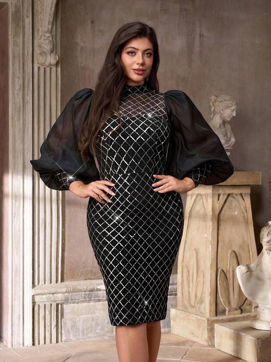 Aureia Vestido ajustado de organza con cuello alto, mangas abullonadas, elegante y romántico, con aplicaciones de lentejuelas, talla grande, adecuado para bodas, fiestas, celebraciones, eventos formales, cócteles - Negro - Ver 1