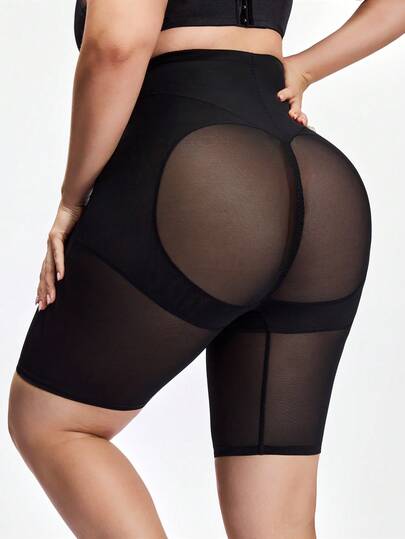 SHAPORA Plus Size Women Solid Color Mesh Patchwork High Waist Shaping Shorts