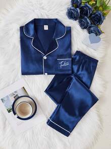 两件套休闲纯色蓝色斜纹布刺绣口袋设计男童长袖开衫和长裤，舒适家居服 - 藍色 - 查看 4