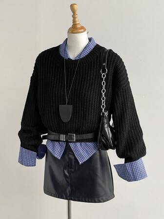 Jersey de punto acanalado con hombros caídos, suéter de mujer casual de manga larga con ajuste regular para primavera/otoño, suéteres con hombros caídos negros para mujer, blusas de manga larga