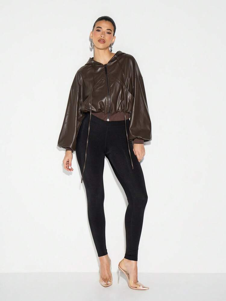 KIZN Hooded Faux Leather Bomber Jacket