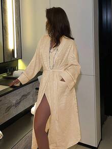 DAZY Women's Plush Textured Long Robe, Autumn/Winter Pajama - White - View 3