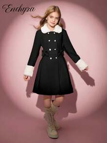 Áo khoác len cơ bản thanh lịch, giản dị cho bé gái, có cổ lông, trang trí nơ, dáng chữ A, thu/đông - màu đen - Xem 5