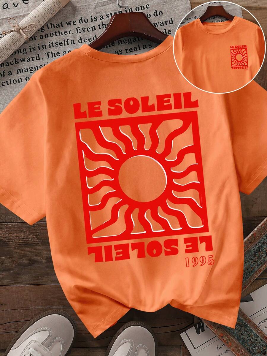 SHEIN Unity Women Letter & Sun Print Short Sleeve Loose Casual T-Shirt, Summer - Orange - View 1