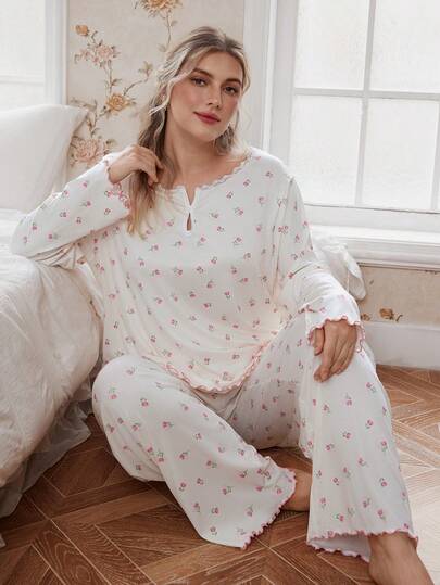 SHEIN Plus Size Women Sleepwear Set, Ditsy Floral Patchwork Lace Trim Romantic Pastoral Fresh Style Long Sleeve Pants, Suitable For All Seasons