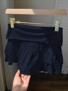 SHEIN EZwear Navy Blue Solid Color Knit Fabric Mini Skirt, With Ruffled Layered Design, Women Navy Blue Skirt, Ruffle Hem Skirt Navy Skirt Dark Blue Skirt - Navy Blue - View 5