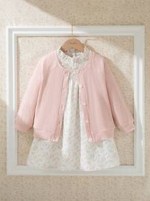 Souflis Child's 2pcs/Set Winter Clothing For Girl Elegant Casual Daily Style Outfits,Long Sleeve Solid Color Coat&Flower-Printing Simple White Dress - Pink - View 1