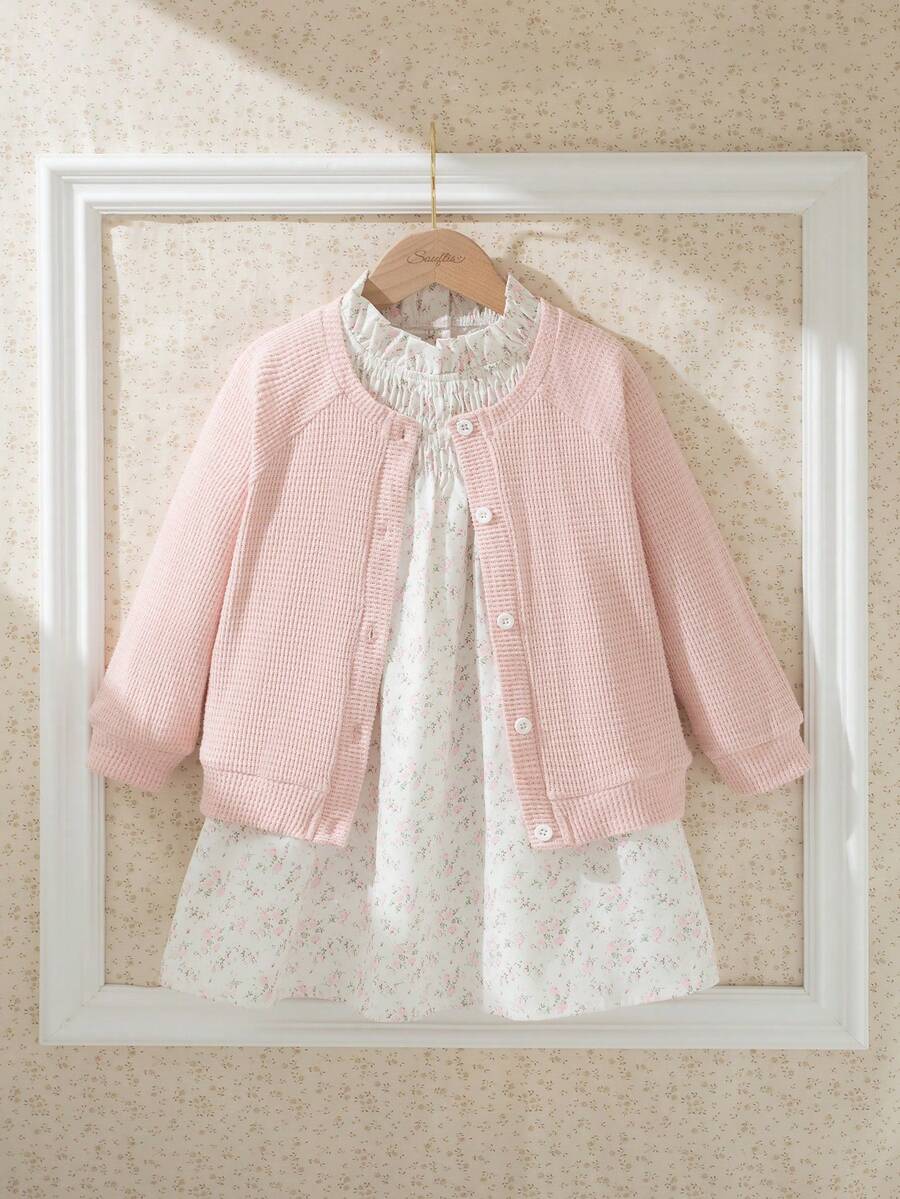 Souflis Child's 2pcs/Set Winter Clothing For Girl Elegant Casual Daily Style Outfits,Long Sleeve Solid Color Coat&Flower-Printing Simple White Dress - Pink - View 1