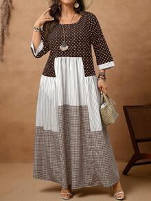 Rosumi 大码女士休闲度假圆领七分袖波点、格子和条纹拼接连衣裙 - 棕色 - 查看 6