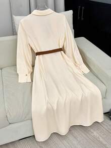 GlowEve Metal Buckle Waist Decor Asymmetrical Ribbon Collar Shoulder Ruched Long Sleeve A-Line Hem Elegant Commuter Dress For Women