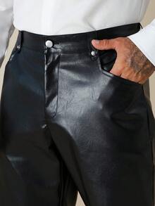 Manfinity Nomadique Men's Loose Straight Casual Solid Color Leather Pants - Black - View 7