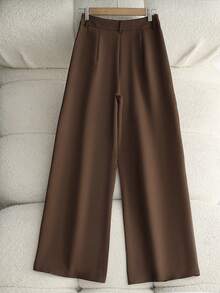 SHEIN PETITE Women's Solid Color Pocket Fold Pleated Casual Pants