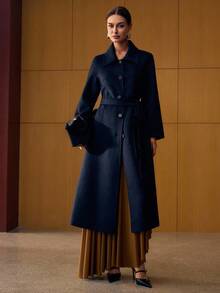 MOTF PREMIUM 羊毛单排扣系腰带大衣 - 藏蓝色 - 查看 4