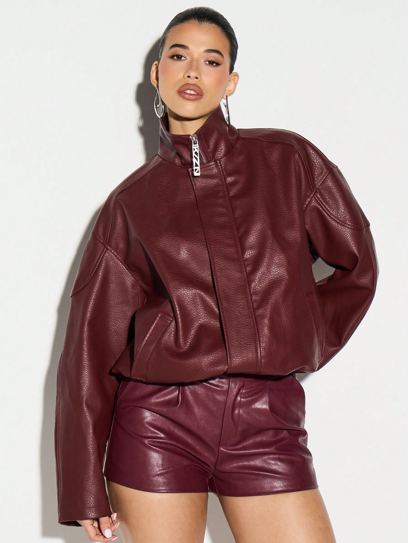 KIZN Burgundy Faux Leather Bomber Jacket With Stand Collar