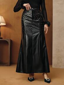 Anewsta Modern Fashionable New Autumn PU Rhinestone Decorated Women's Skirt - Black - View 5