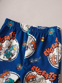 Nick 90s | SHEIN Baby Boy Cartoon Cool Little Boy Best Friend Graffiti Handpainted Allover Print Loose Fit Hooded Sweatshirt & Pants Set, Autumn/Winter - Blue - View 6