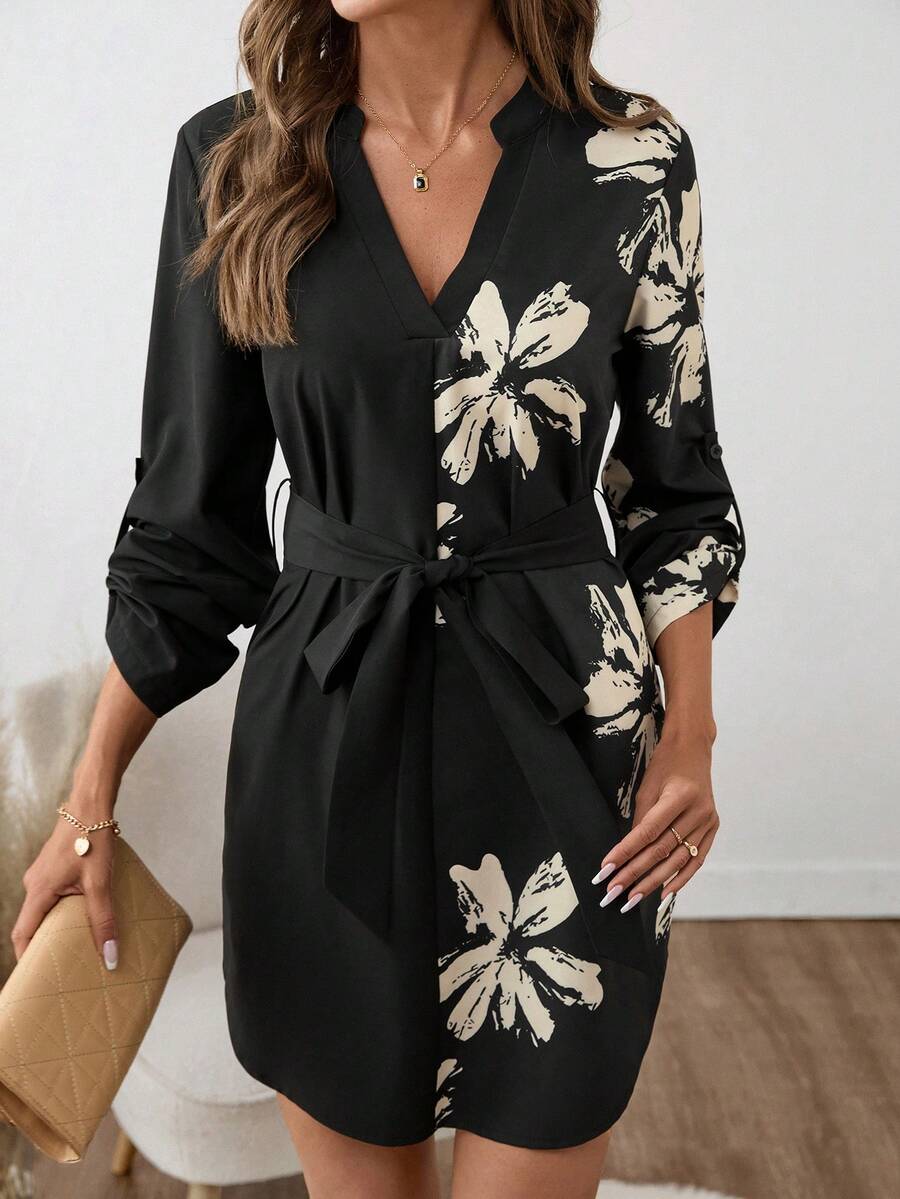 SHEIN Clasi Đầm nữ cổ chữ V tay bèo họa tiết hoa thường ngày có thắt lưng - Nhiều màu - Xem 1