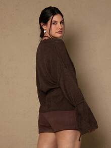 SHEIN VCAY Große Größen Lässig Vintage einfarbiger Cardigan mit Kordelzug in der Taille, Herbst - Braun - Übersicht 5