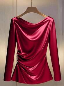 GlowEve CURVE Camicia a maniche lunghe in tessuto lucido per donne taglie forti, adatta per l'ufficio, con design arricciato sui lati e bottoni