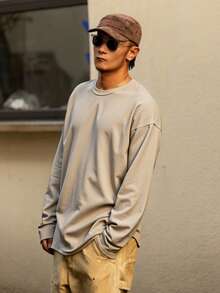 DAZY 男士米色圆领长袖休闲宽松T恤，秋季款 - 米色 - 查看 3