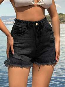 SHEIN Tall 100%Cotton Black Label Detailed Short With Destroy - Black - View 9